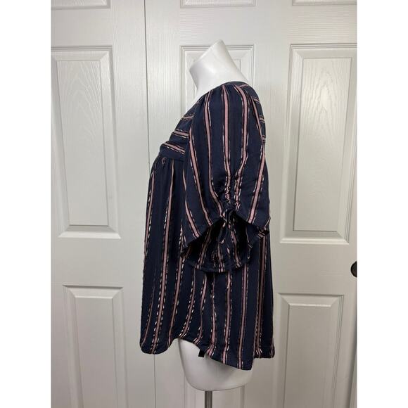 By Anthropologie Navy & Metallic Striped Tie Short Sleeve Peasant Blouse Top L - Picture 4 of 9